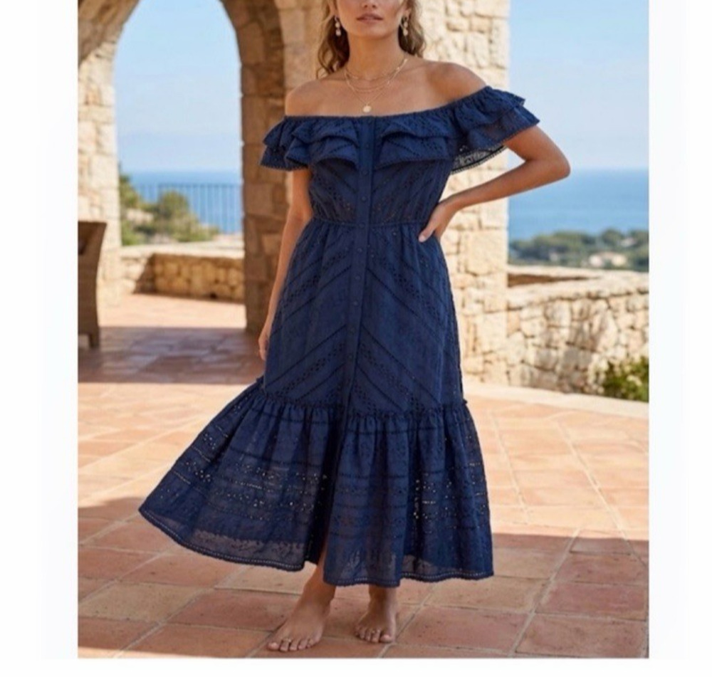 Boston Proper Eyelet Ruffle Midi Dress Small Navy Blue Off Shoulder Boho Peasant